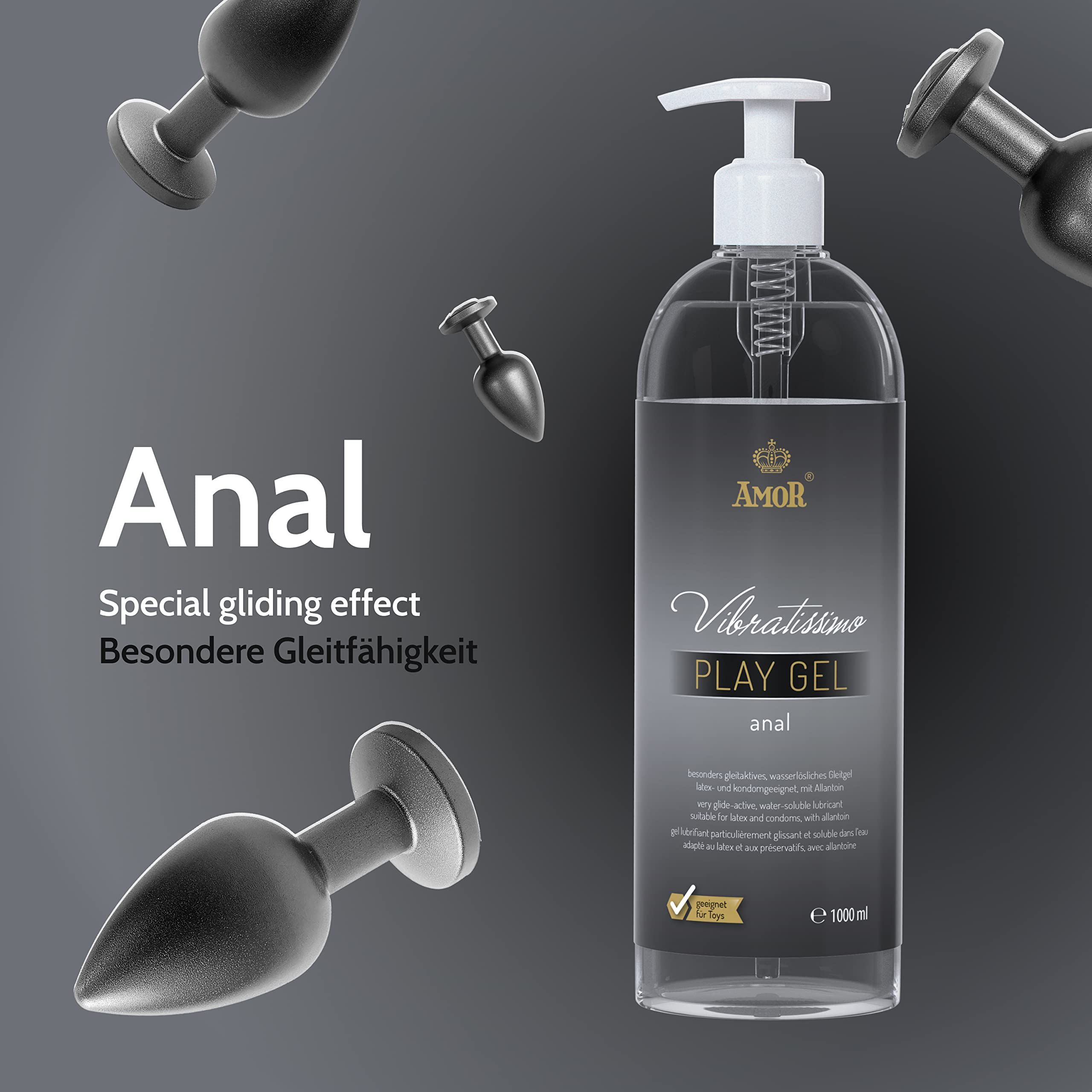 Vibratissimo Play Gel Anal Flasche mit Pumpspender, umgeben von analen Plug-Formen.