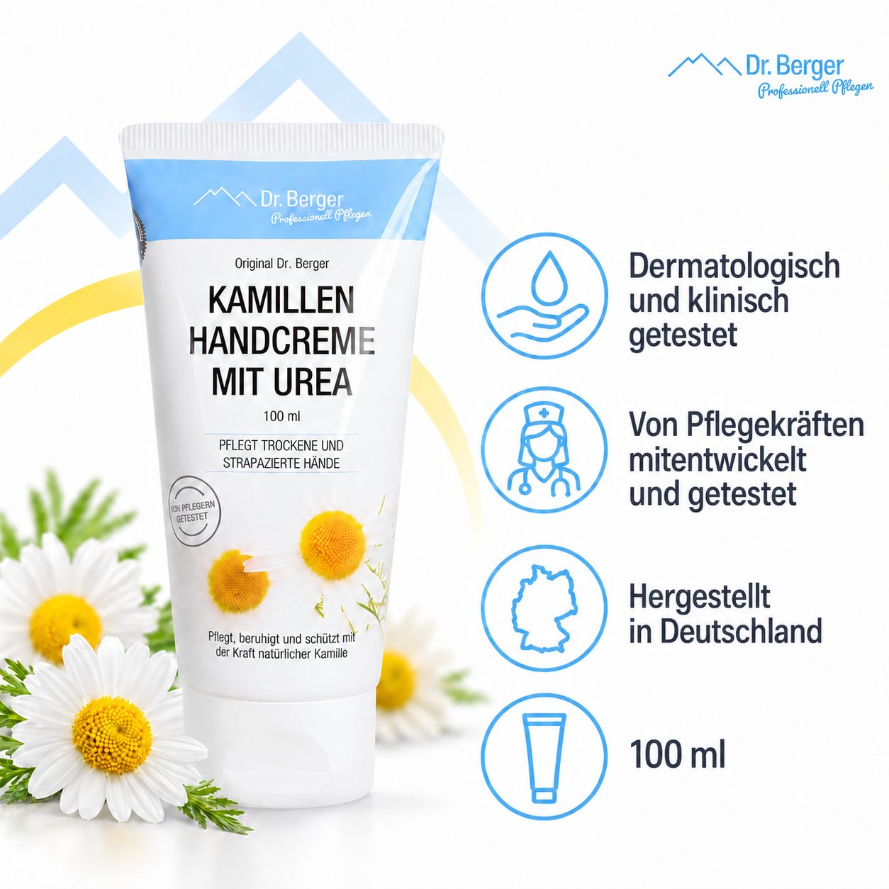 Dr. Berger Kamillen Handcreme mit Urea Tube, dermatologisch getestet, Made in Germany.