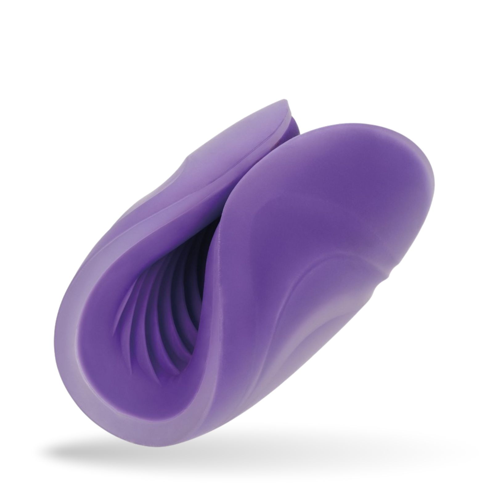 Masturbateur violet. Forme incurvée avec intérieur rainuré. Fabriqué en matériau souple.
