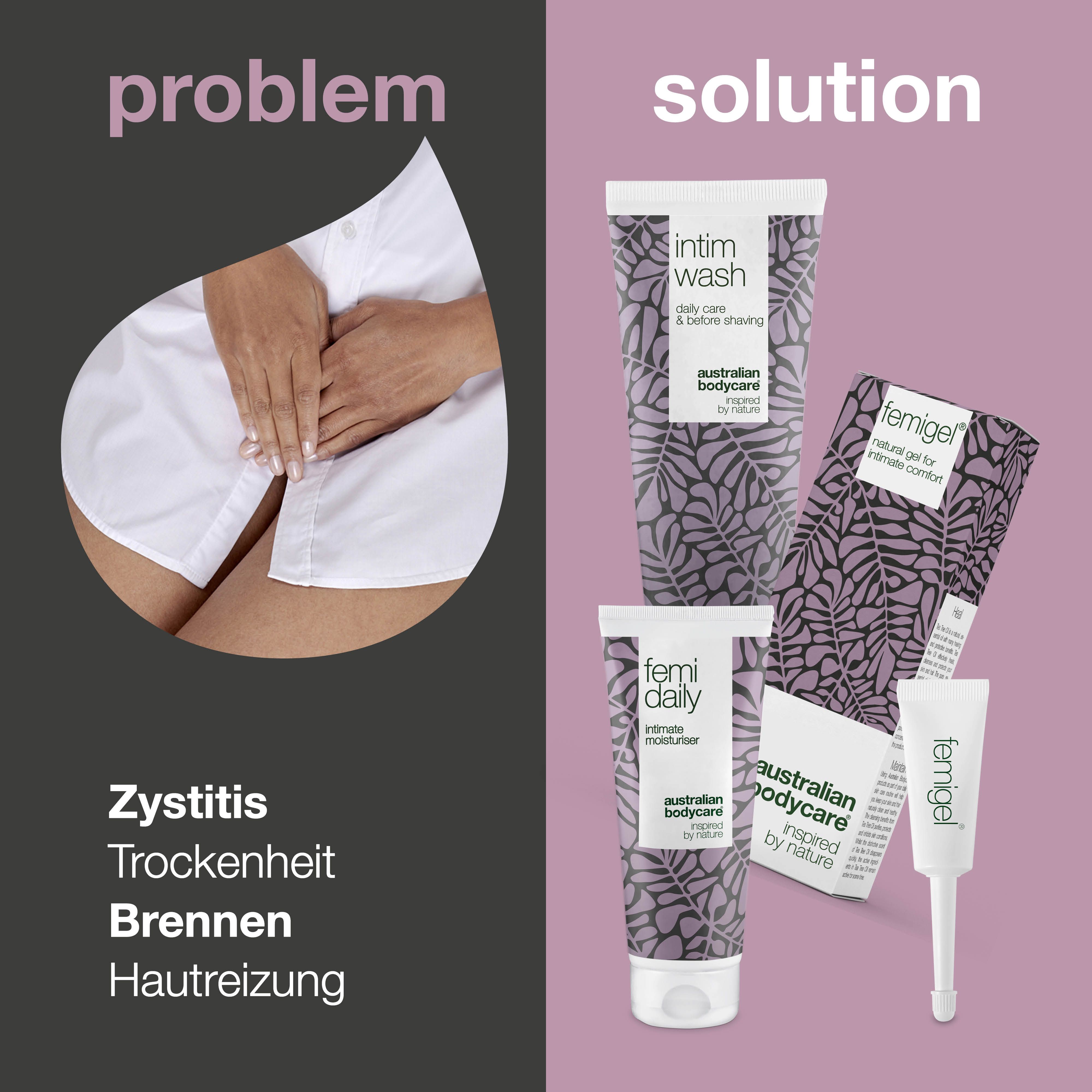 Vergleich: Problem und Lösung. Produkte: Intimwaschgel, Feuchtigkeitspflege und Intimgel. Marke: Australian Bodycare.