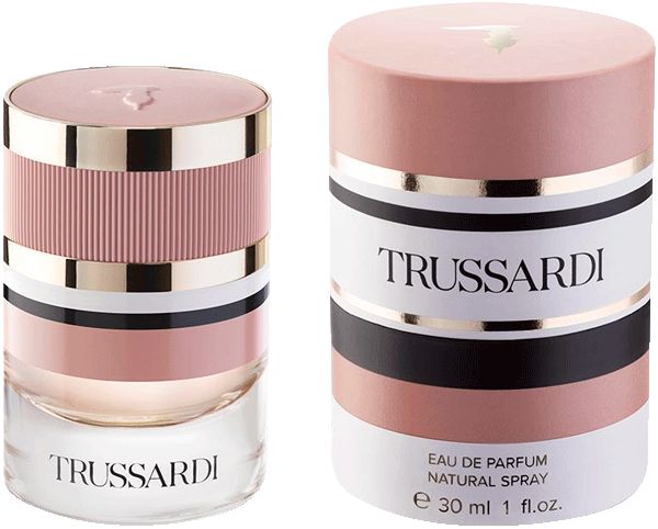 Trussardi Eau de Parfum Spray Flakon und Verpackung. Flakon mit rosa, weiß und goldfarbenen Elementen. Zylindrische Verpackung mit Logo.