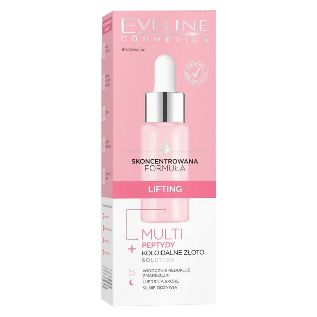 Rosa Verpackung mit Serumflasche. Aufschrift: Eveline Cosmetics, Skoncentrowana Formuła, Lifting. Flasche mit Pipette.