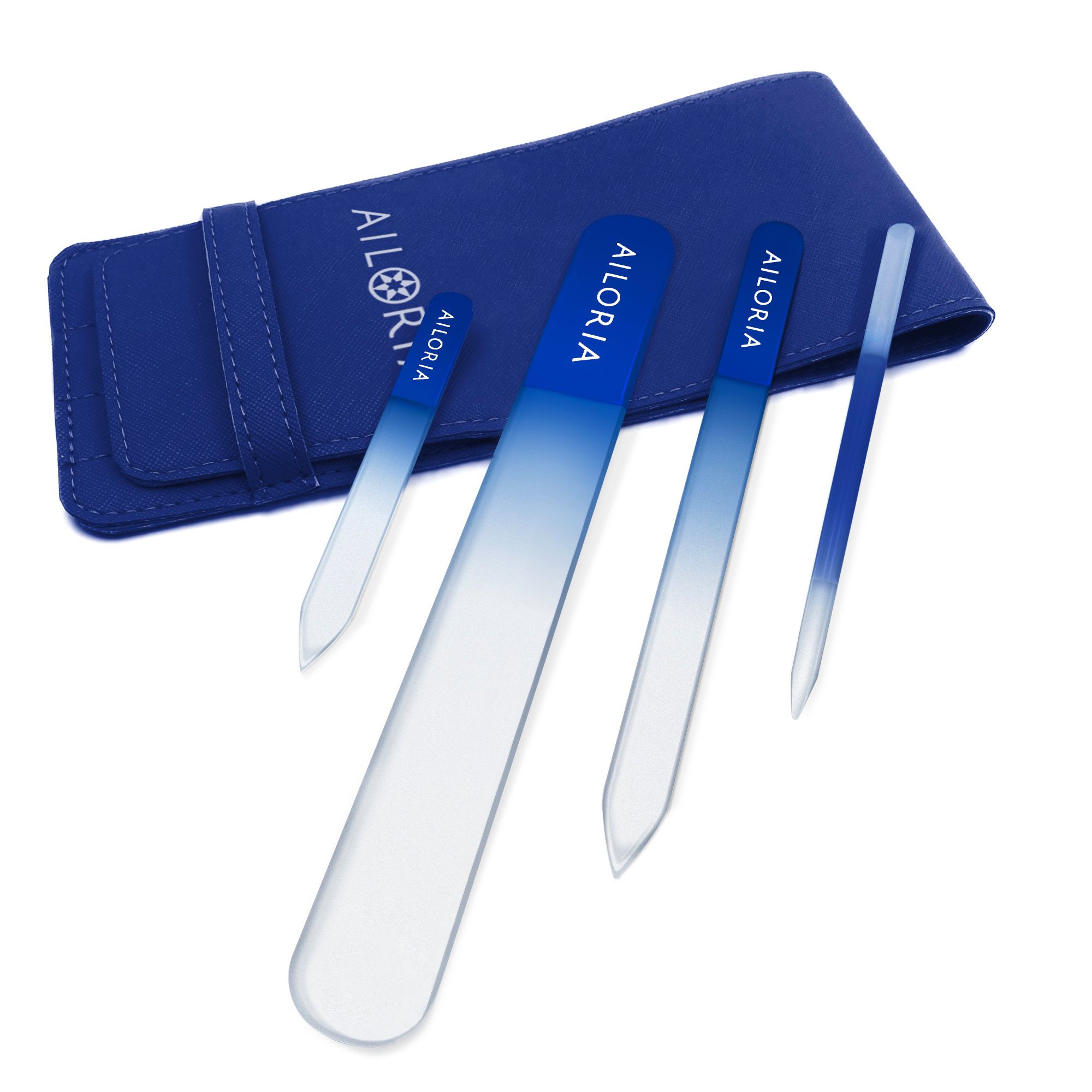 Blaues Etui mit AILORIA-Logo und vier Glasnagelfeilen. Feilen in verschiedenen Formen und Größen, blau-weiß Farbverlauf.
