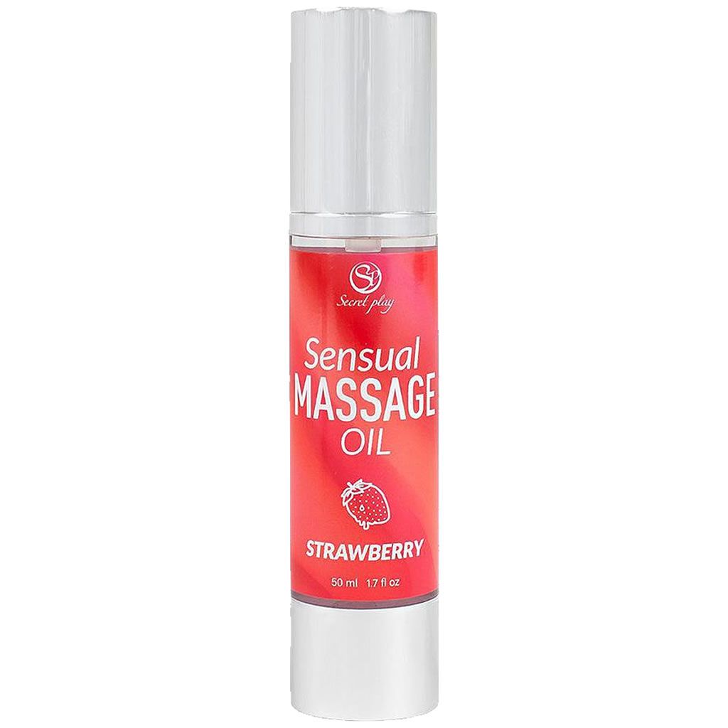 Zylindrische Flasche mit rotem Etikett. Aufschrift: "Sensual Massage Oil Strawberry". Marke: Secret Play. Mit Dosierkopf.