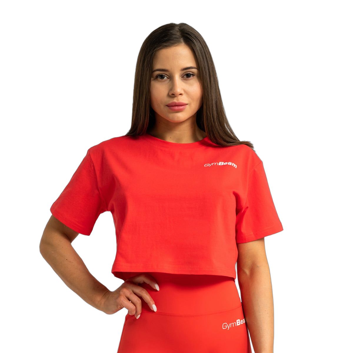 GymBeam T-Shirt Damen cropped loose Kurzarm mit Rundhalsausschnitt Hot Red 1 St