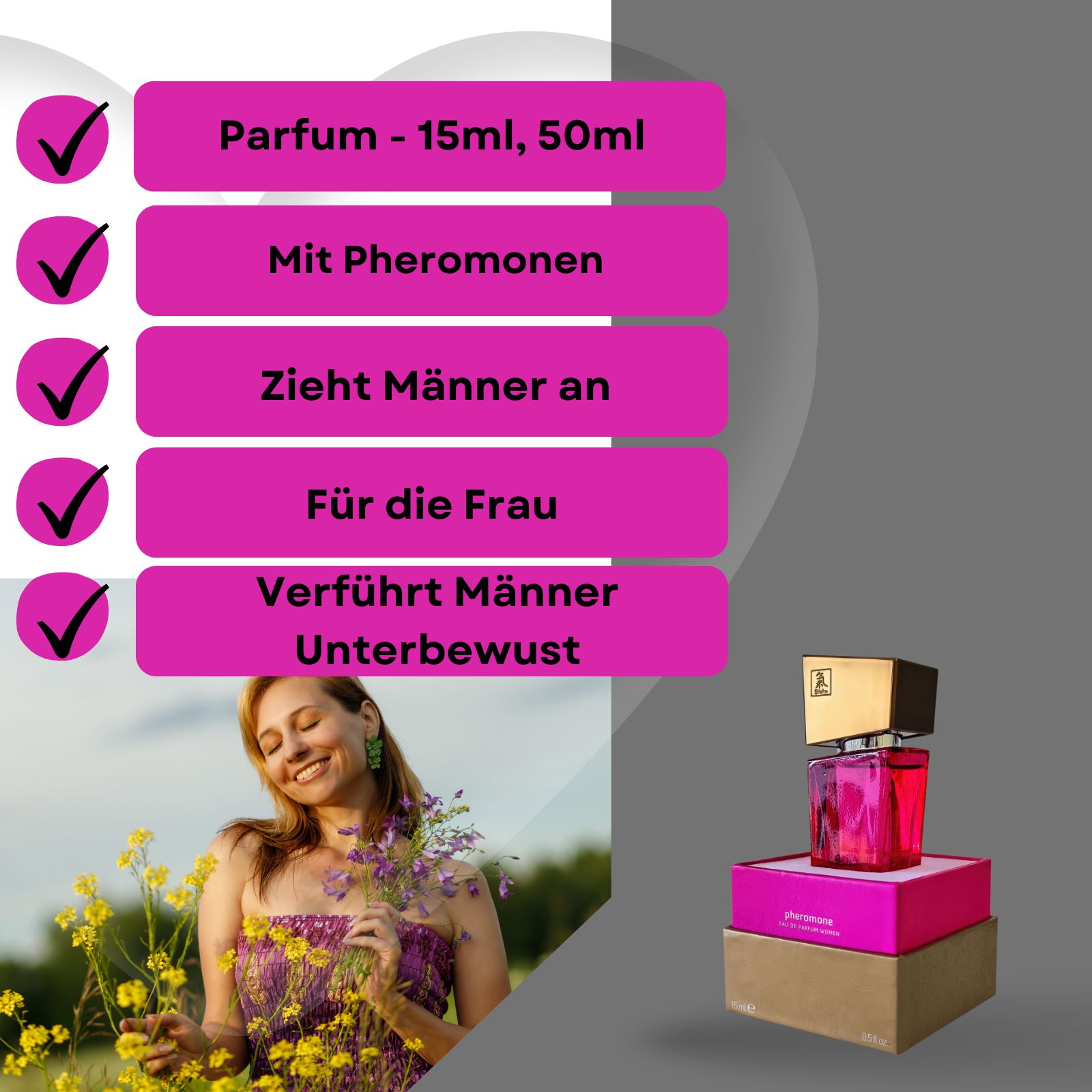 Werbebild. Frau mit Blumen. Text: Parfum 15ml, 50ml, mit Pheromonen, zieht Männer an, für die Frau.