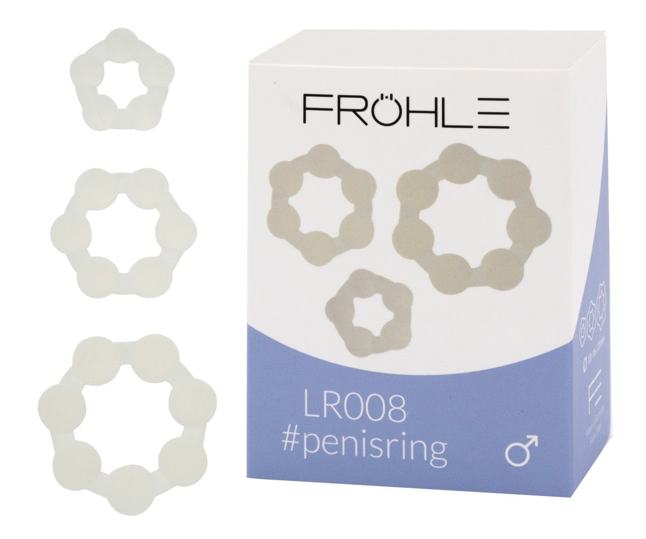 Produktverpackung mit drei Ringen daneben. Logo 'Fröhle', Text: LR008 #penisring. Männliches Symbol. Weiß-blaue Verpackung.