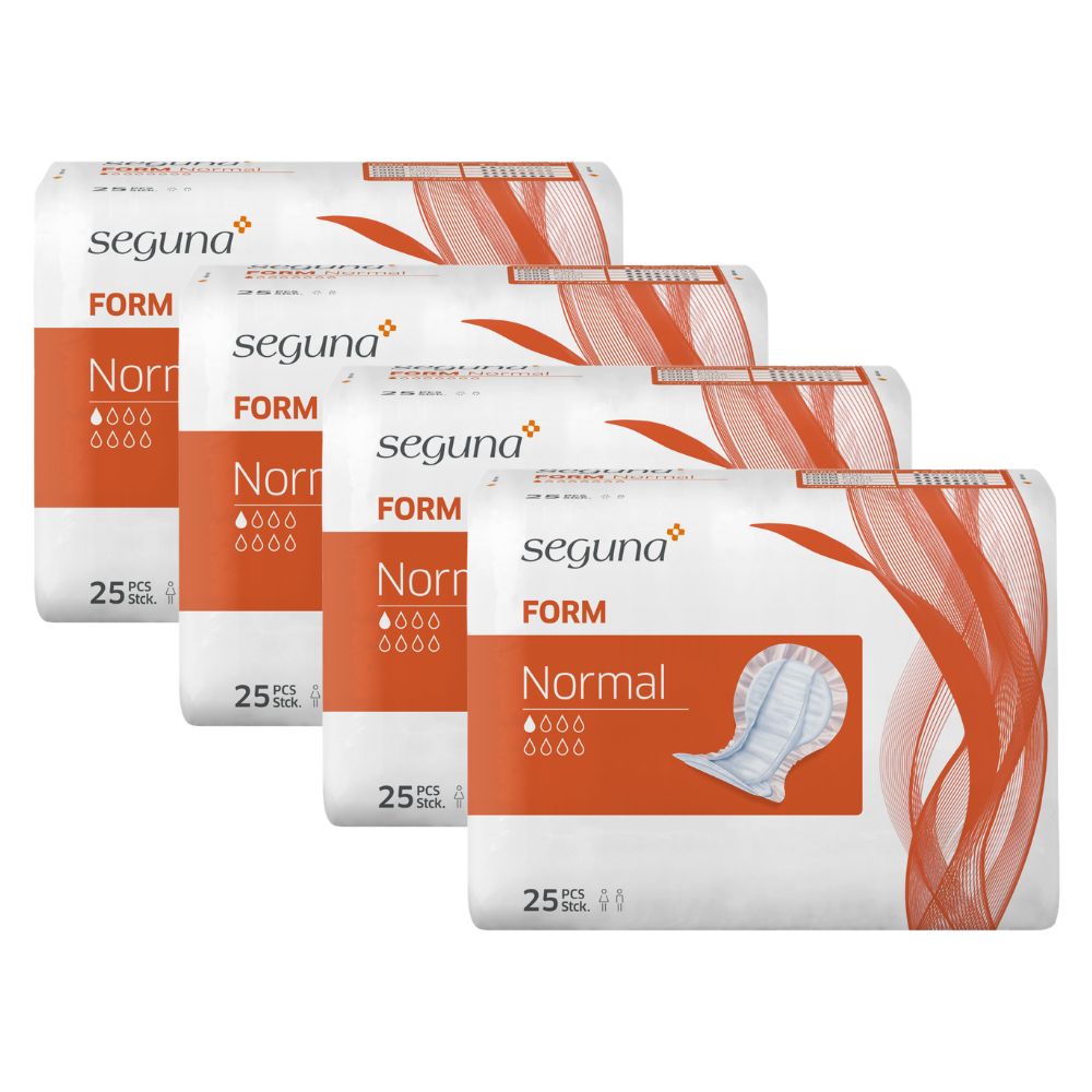 Vier Packungen SEGUNA Form Normal. Weiße Verpackung mit orangefarbenen Akzenten. Aufdruck: Marke, Produktname, Saugstärke und Anzahl.