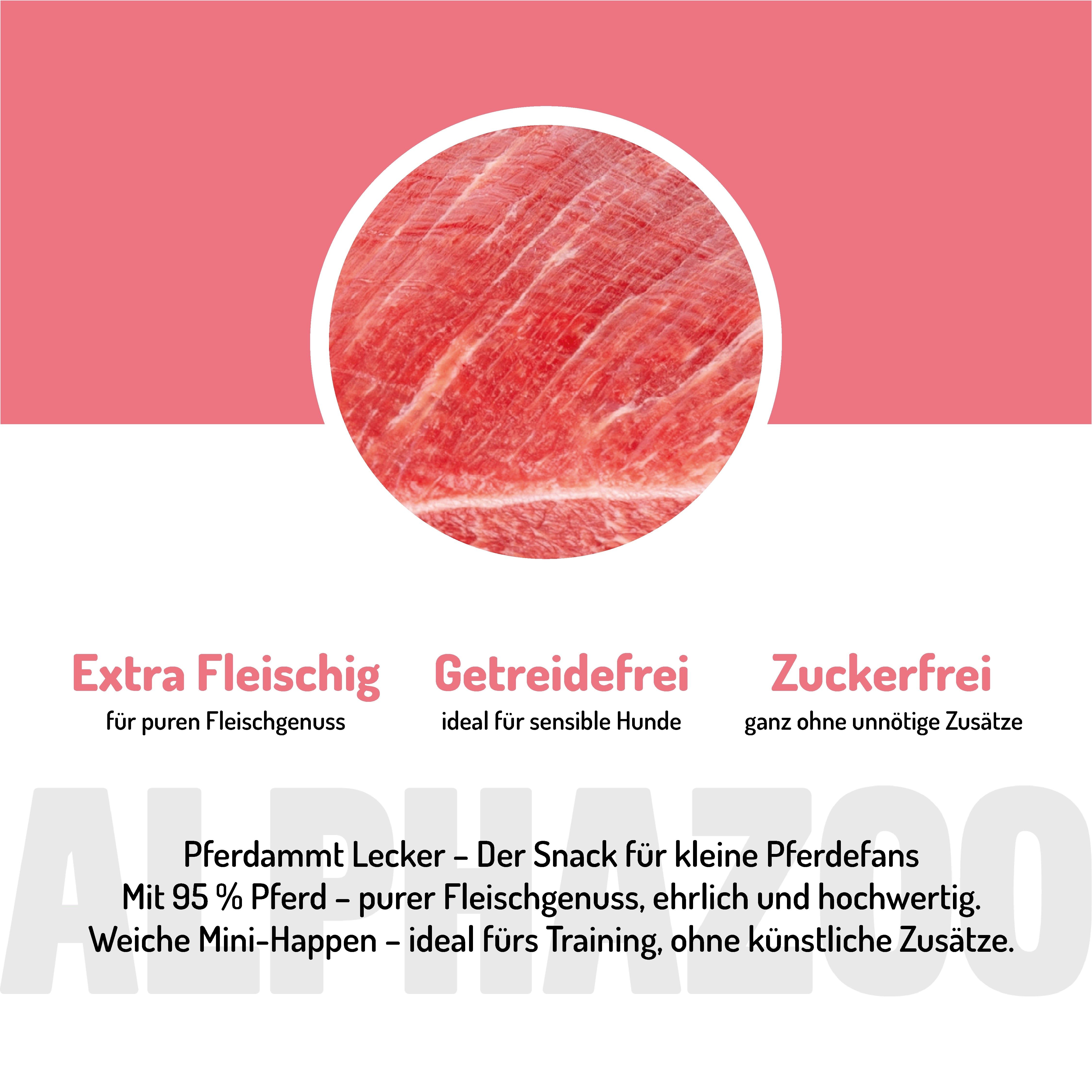 Nahaufnahme von rohem Fleisch. Text: Extra fleischig, getreidefrei, zuckerfrei. Produktname: Pferdammt Lecker. 95% Pferd.