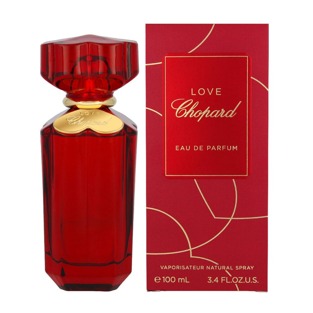 Roter Flakon und rechteckige Verpackung. Aufschrift: Love Chopard, Eau de Parfum. 100 ml.