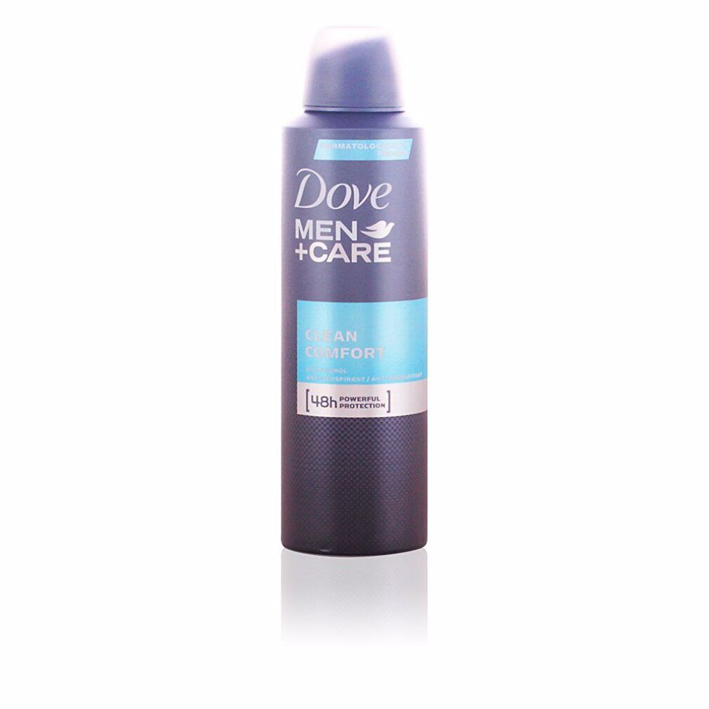 Deodorant-Spray, dunkelgraue Dose mit blauem Deckel. Schriftzug Dove Men+Care, Clean Comfort. 48h Schutz.