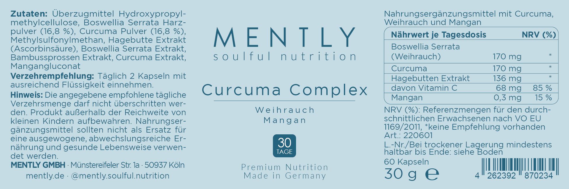 Produktetikett mit Inhaltsstoffen und Nährwertangaben. "MENTLY Curcuma Complex mit Weihrauch". 30 Kapseln.
