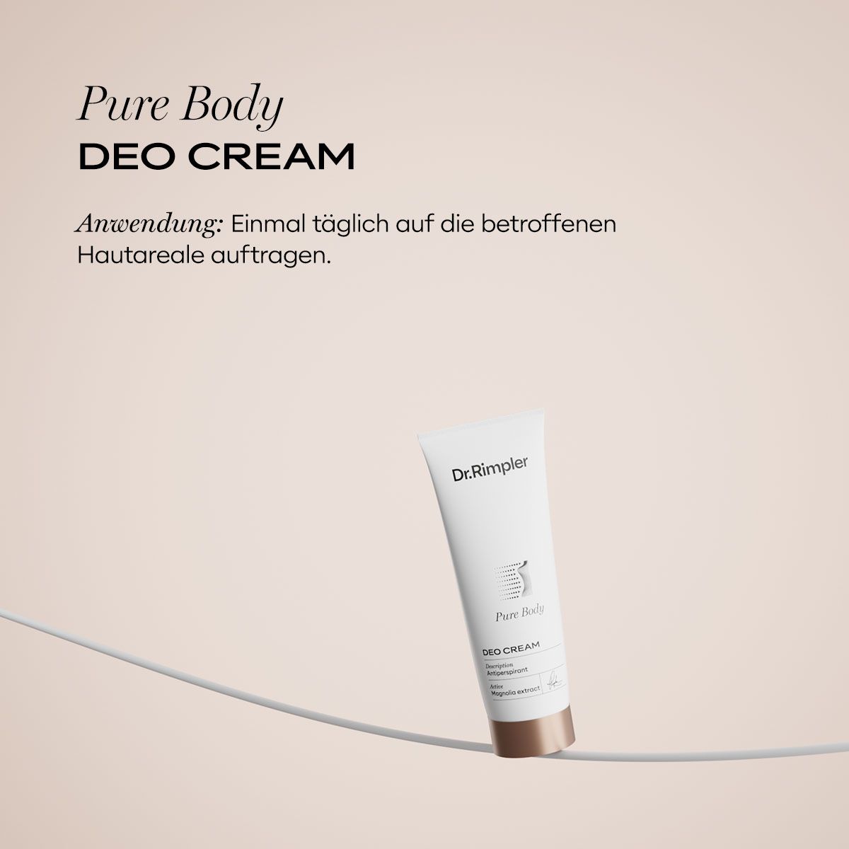 Weiße Tube mit Dr. Rimpler Pure Body Deo Cream Aufschrift und braunem Verschluss.