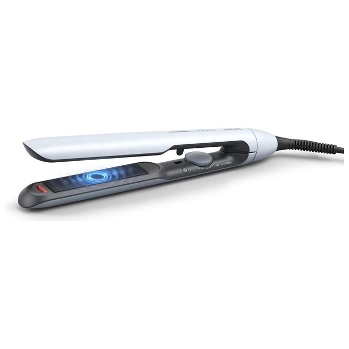 È raffigurata la piastra per capelli Philips 5000 Series BHS520/00. Presenta una piastra superiore bianca e una parte inferiore grigia con un display digitale. Sono visibili anche una manopola e un pulsante rosso.