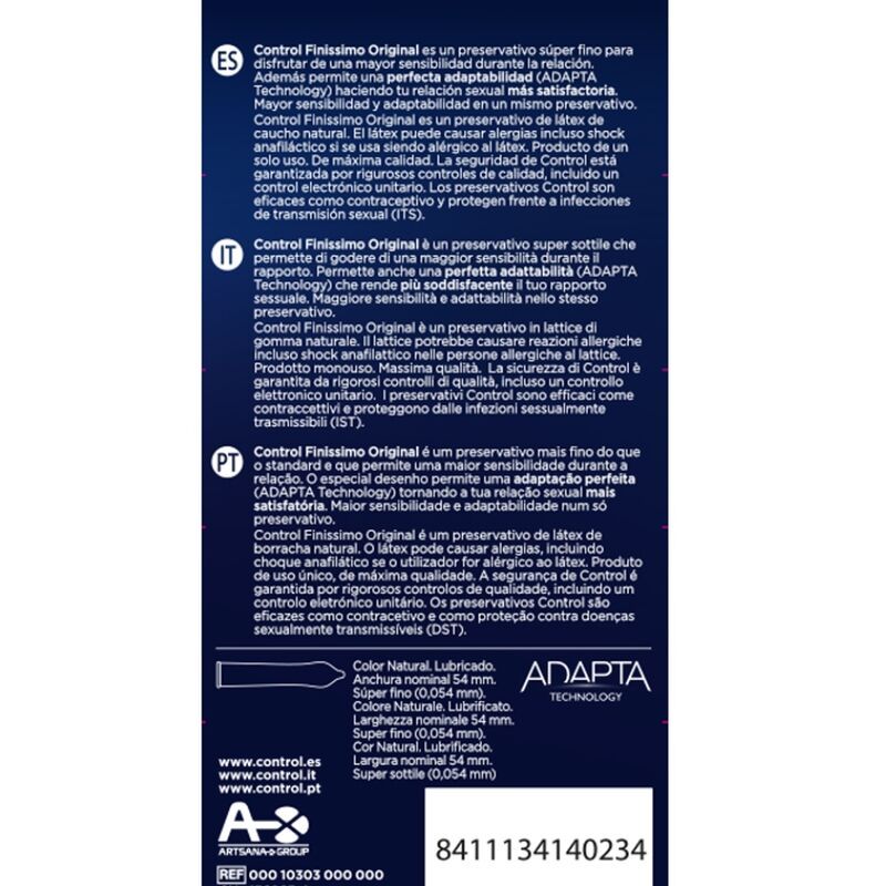 Control Finissimo Original Kondompackung, 6 Stück. Dunkelblau mit orangefarbenem Kreisdesign. Zeigt 0,05 mm Dicke.