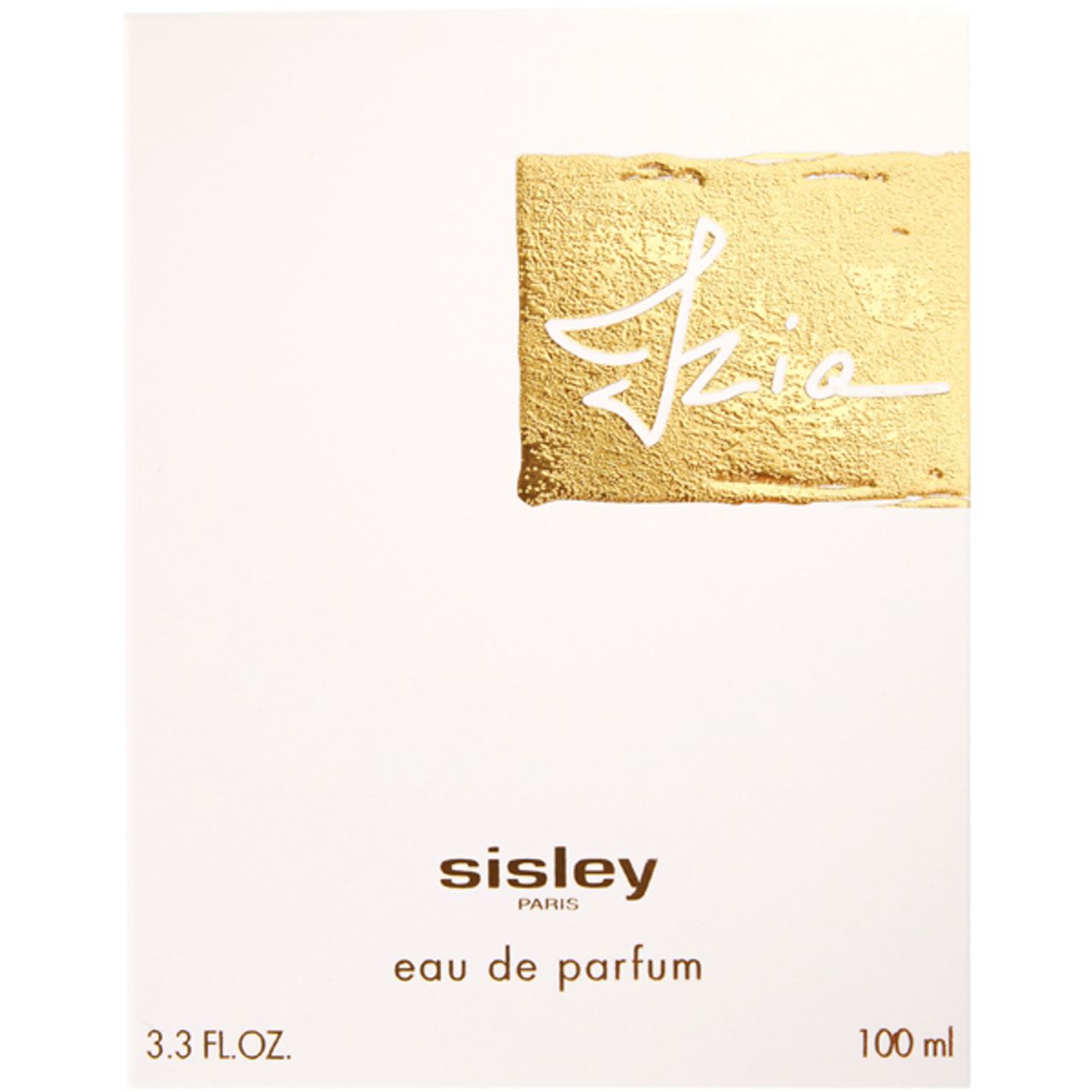 Weiße Verpackung mit goldfarbenem Rechteck und Izia-Schriftzug. Darunter Sisley, Eau de Parfum, 3.3 FL.OZ., 100 ml.