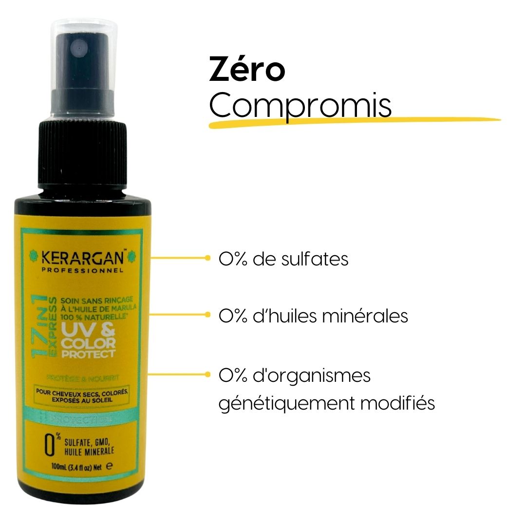 Kerargan Tonique UV & Color Protect. Flacon jaune avec vaporisateur. Texte: 0% sulfates, huiles minérales, organismes génétiquement modifiés.