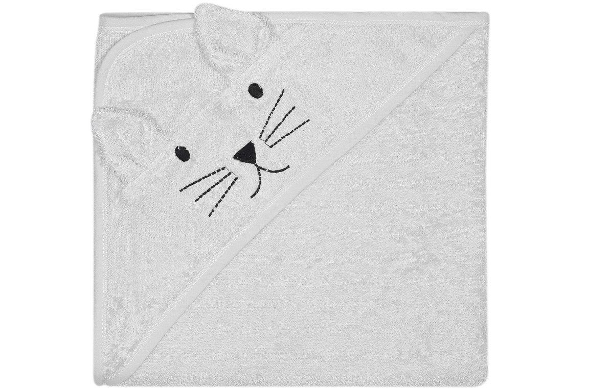 Graues Kapuzenhandtuch mit Katzenmotiv. Quadratisch, mit Kapuze und aufgesticktem Katzengesicht.
