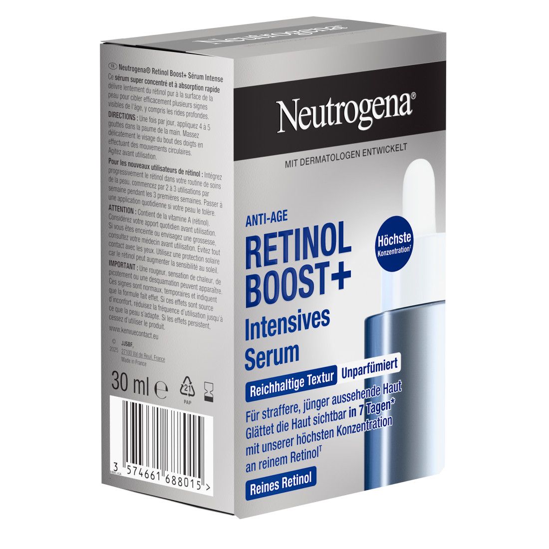 Verpackung mit Serumflasche. Aufschrift: Neutrogena, Retinol Boost+ Intensives Serum. Text: Anti-Age, 30 ml.