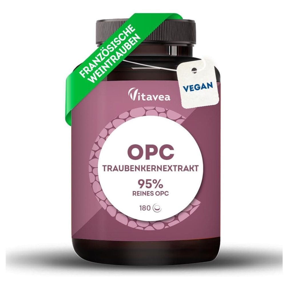 Braune Flasche mit Etikett. Aufschrift: OPC Traubenkernextrakt, 95% reines OPC. Vegan-Label. Grünes Band mit Text.