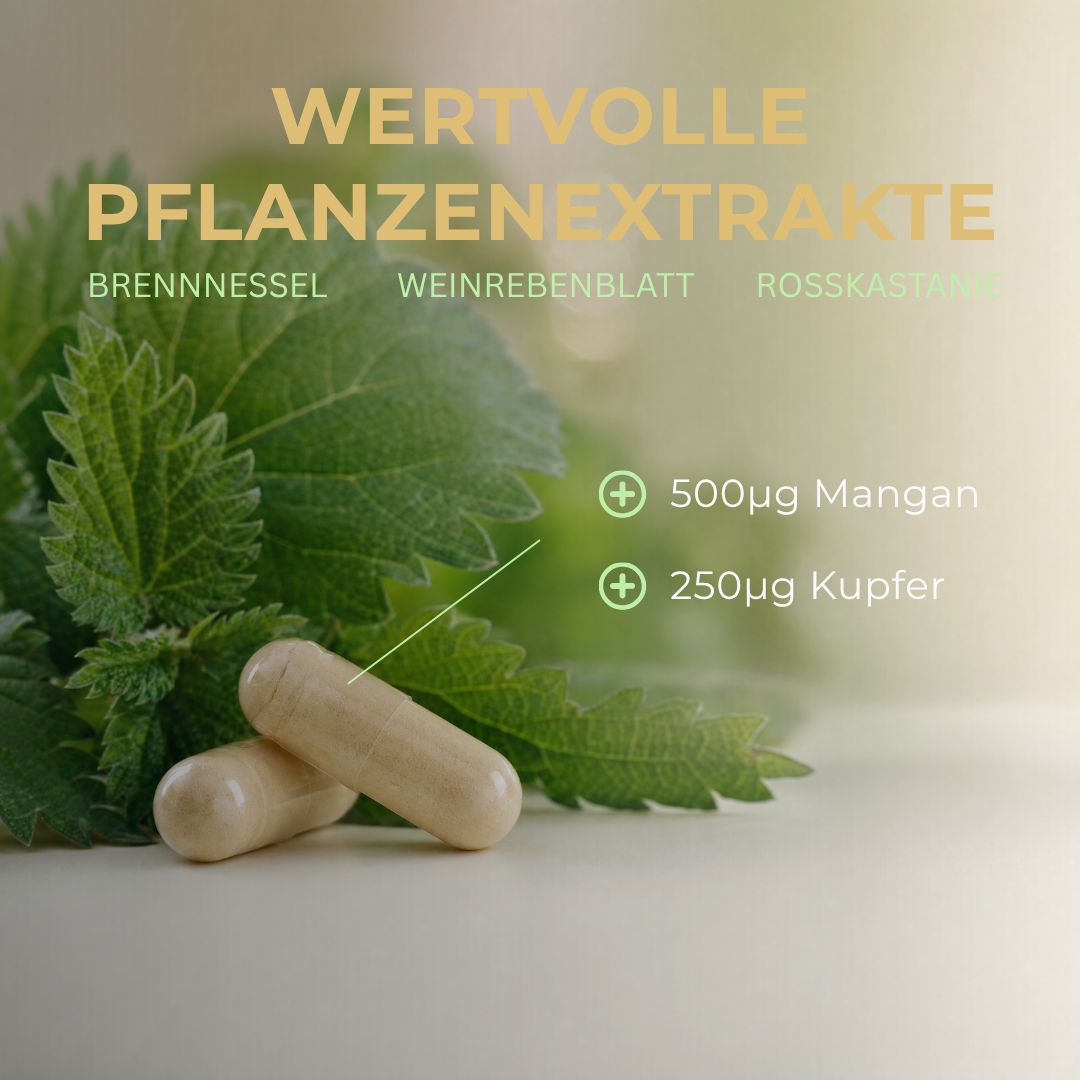 Zwei Kapseln neben Brennnesselblättern. Enthält Mangan und Kupfer.