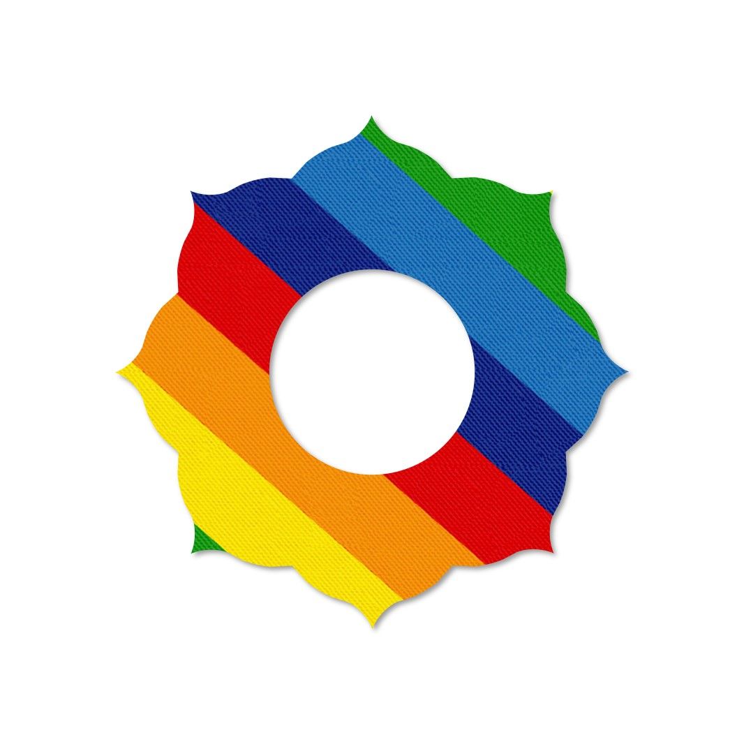 Mandala-Ringpatch mit Regenbogenfarben. Blütenförmig mit Loch in der Mitte. 