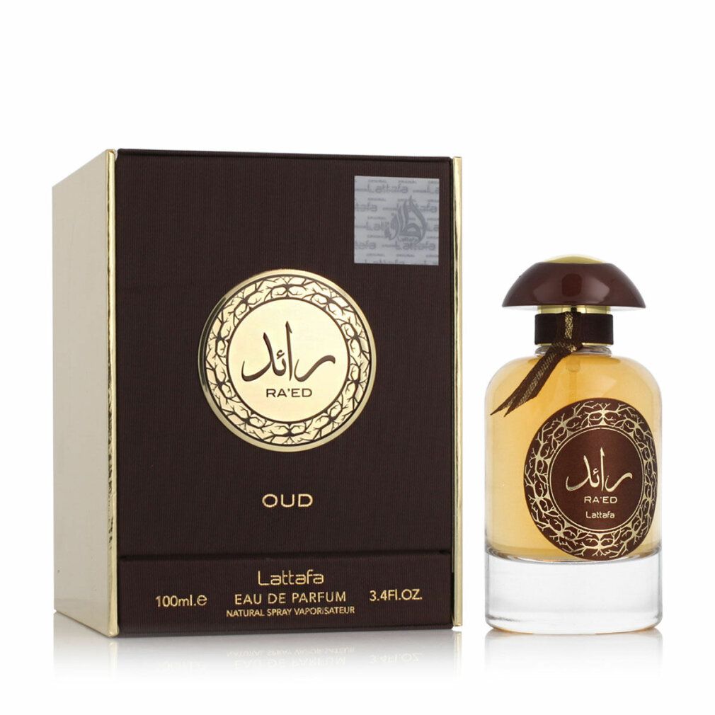 Parfümflakon mit braunem Deckel und Verpackung. Aufschrift: Ra'ed Oud Lattafa Eau de Parfum.