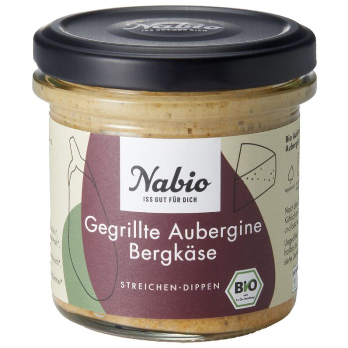 Glas mit Nabio Aufstrich. Aufschrift: Gegrillte Aubergine Bergkäse. Bio-Siegel. Schwarzer Deckel.
