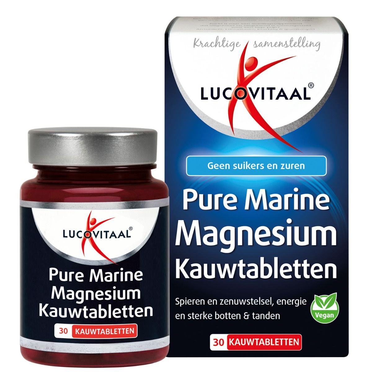 Produktverpackung von Pure Marine Magnesium Kautabletten. Flasche und Schachtel nebeneinander. Logo, Produktbezeichnung, 30 Tabletten.