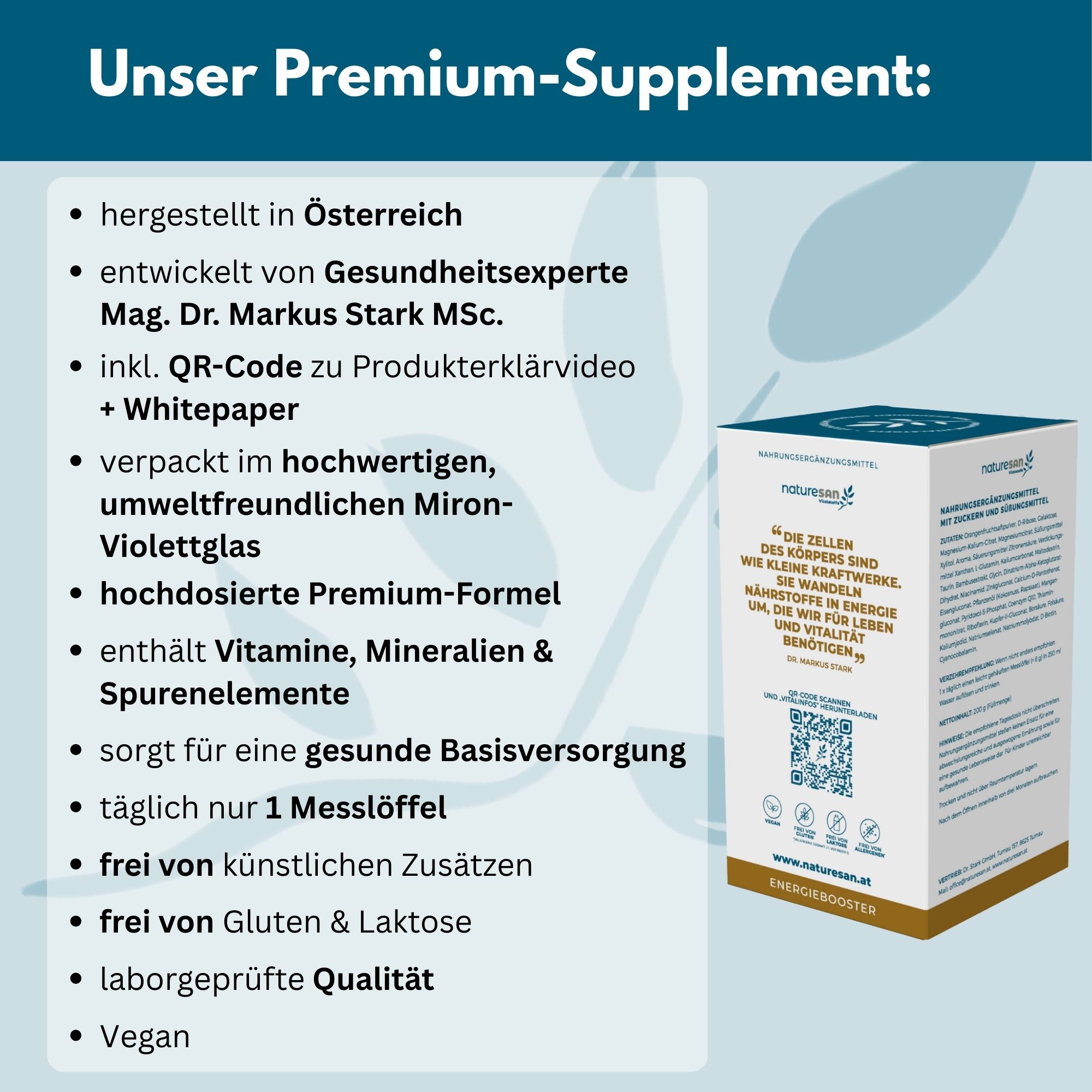 Text über Naturesan Premium-Supplement. Hergestellt in Österreich, entwickelt von Experten, enthält Vitamine, Mineralien & Spurenelemente.
