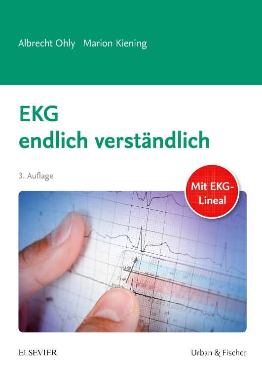 Buchcover mit Titel "EKG endlich verständlich". Autoren: Albrecht Ohly, Marion Kiening. Auf dem Cover ein EKG-Diagramm und ein rotes Siegel.