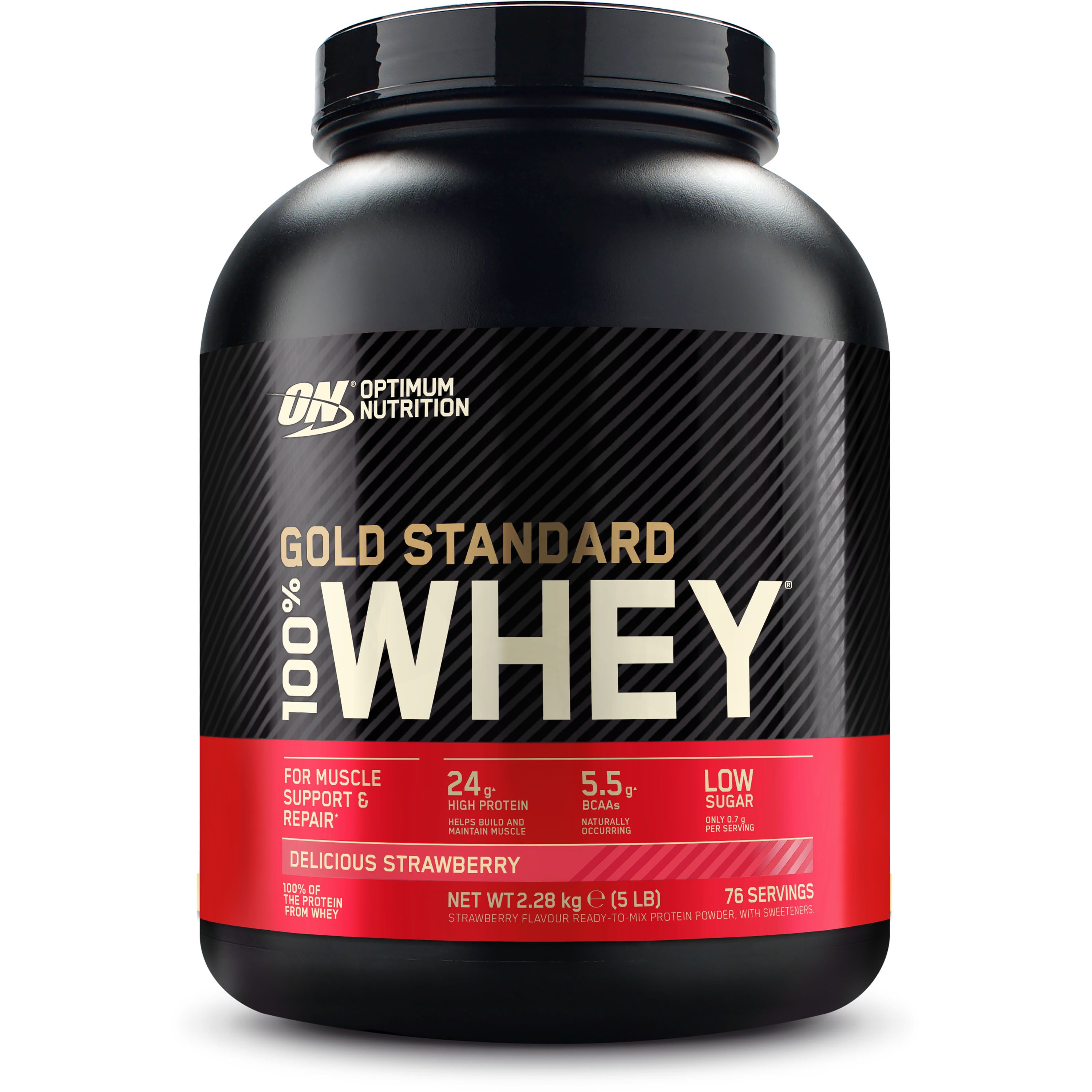 Schwarze Dose mit rotem Etikett. Aufschrift: Gold Standard 100% Whey, 24g Protein, Delicious Strawberry. Marke: Optimum Nutrition.