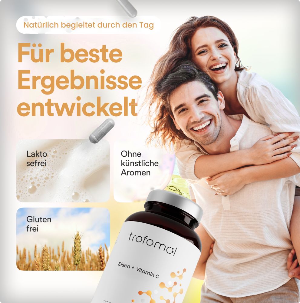 Paar lacht. Braune Flasche mit Kapseln. Aufschrift: trofomol Eisen + Vitamin C. Text: Für beste Ergebnisse entwickelt. Laktosefrei. Ohne künstliche Aromen. Glutenfrei.