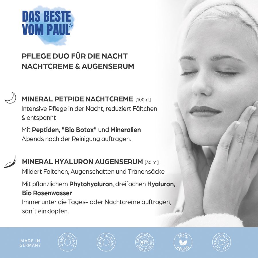 Frau mit Handtuch, Gesicht mit Creme. Text: Pflege Duo für die Nacht, Nachtcreme & Augenserum. Logo: DAS BESTE VOM PAUL.