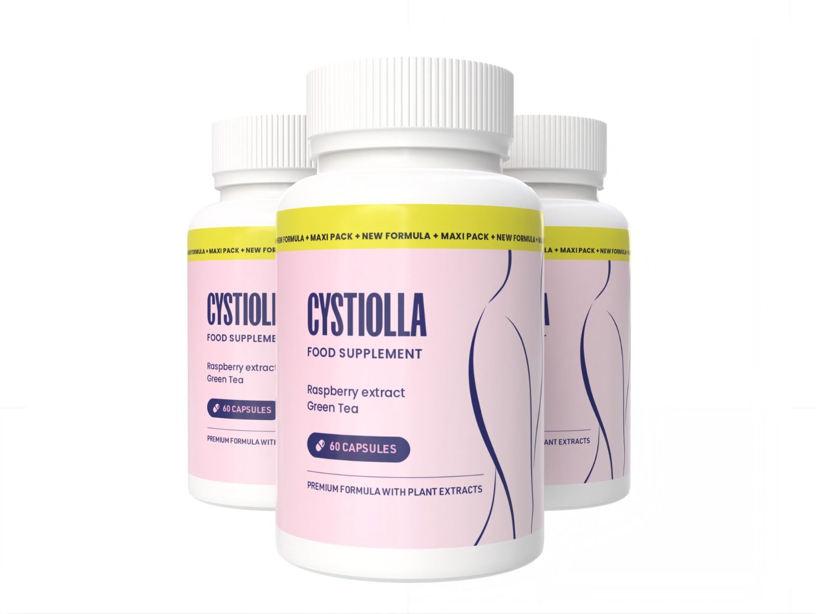 Drei weiße Flaschen mit rosa Etiketten. Aufschrift: Cystiolla, Food Supplement, Himbeerextrakt, Grüner Tee, 40 Kapseln.