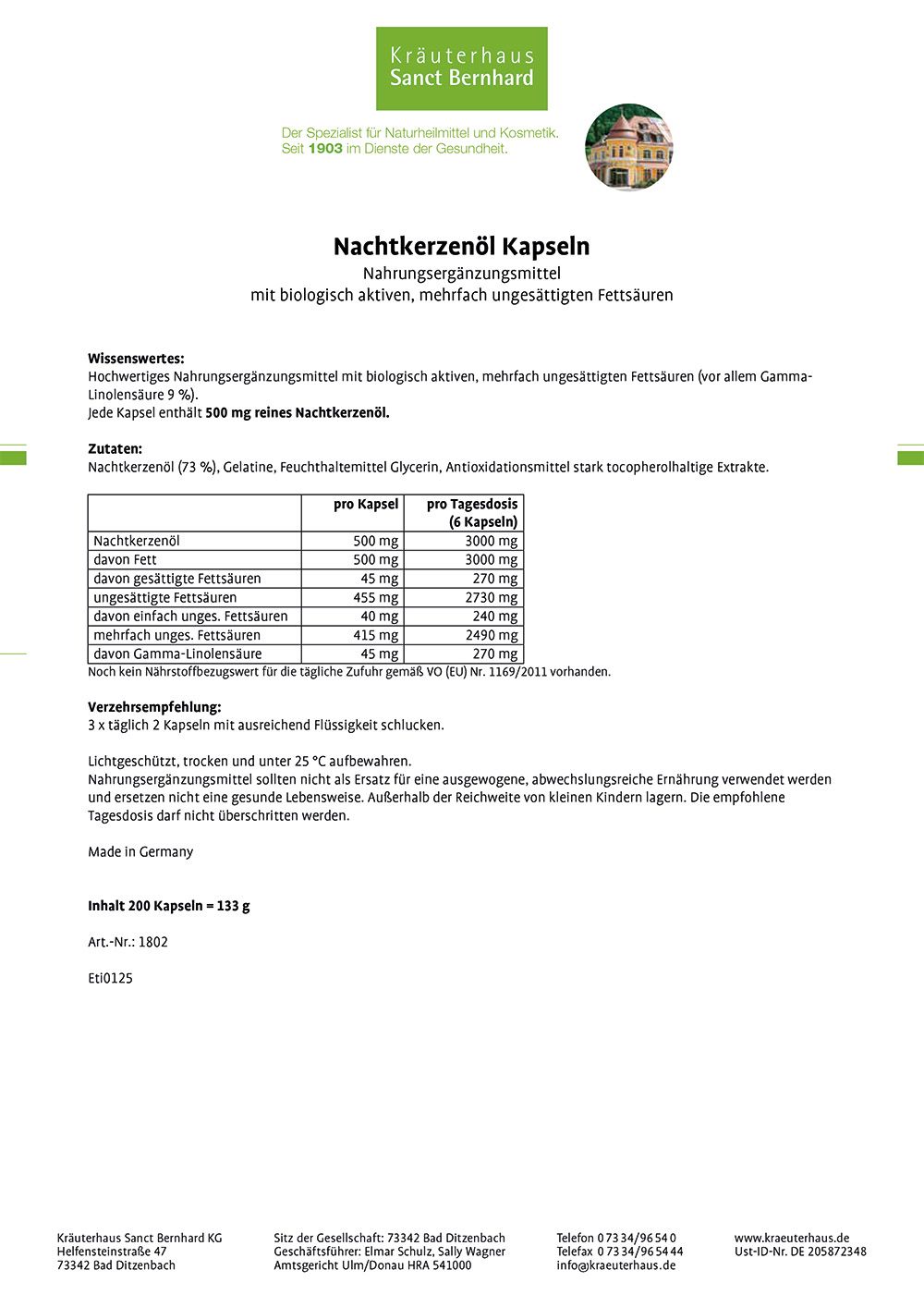 Etikett mit Produktinformationen: Nachtkerzenöl Kapseln, Nährwertangaben, Inhaltsstoffe, Verzehrempfehlung, Hersteller.