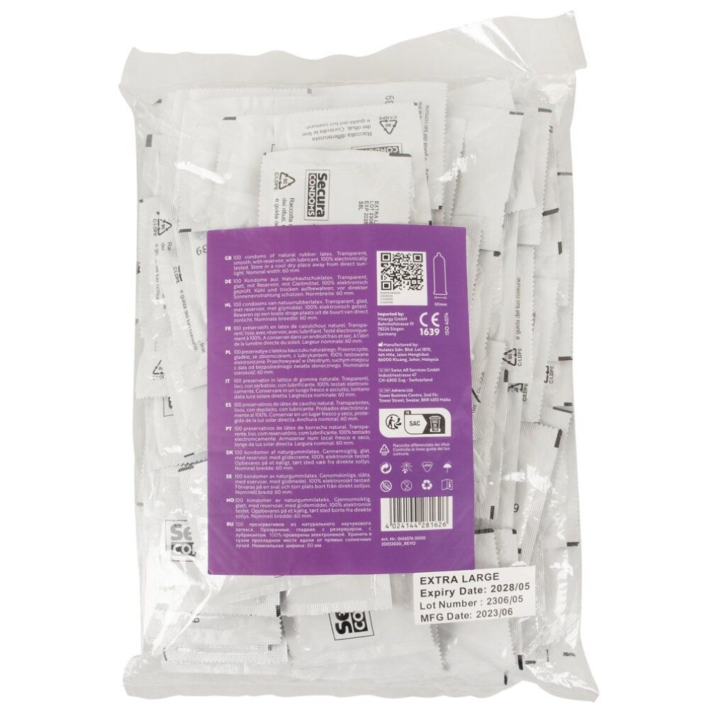 Beutel mit Kondomen. Aufdruck: Secura Extra Large, 60 mm. Text in mehreren Sprachen. Haltbarkeitsdatum.