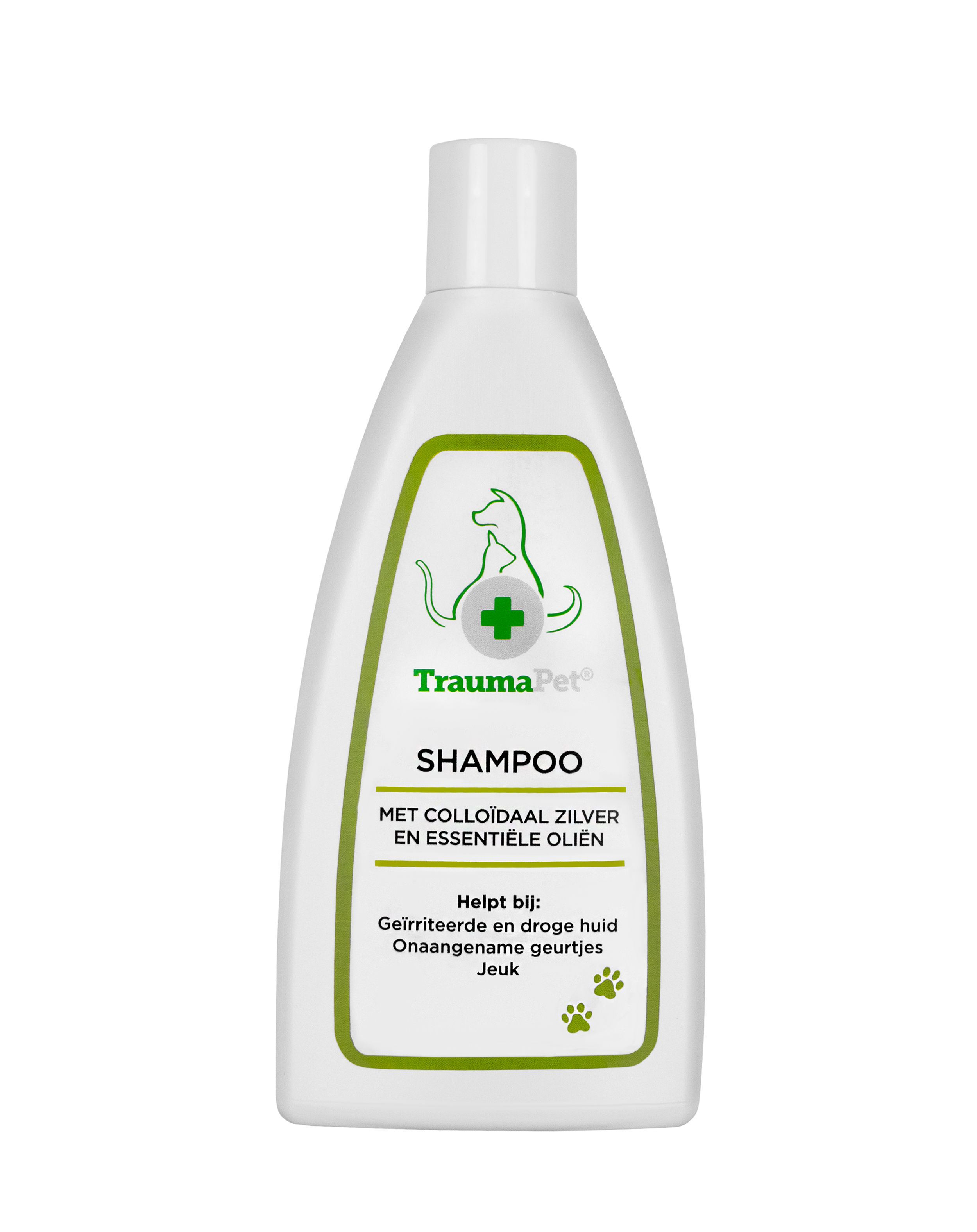 Witte shampoo fles met groen etiket. Tekst: TraumaPet Shampoo, met colloïdaal zilver en essentiële oliën. Helpt bij: geïrriteerde huid.