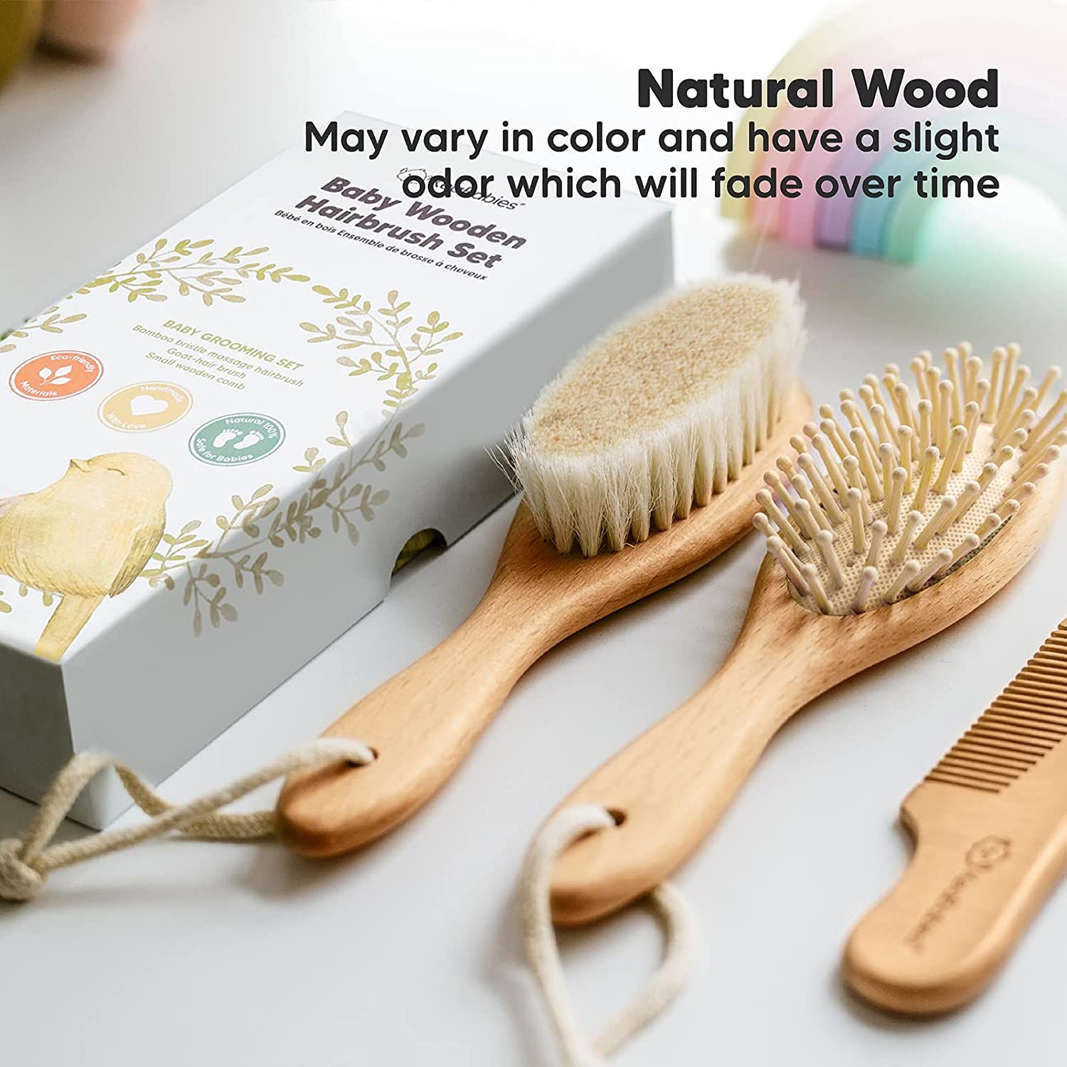 Baby Haarbürste und Baby Kamm Set - Natürliche Holz Babyhaar Haarbürste mit weichen Ziegenborsten