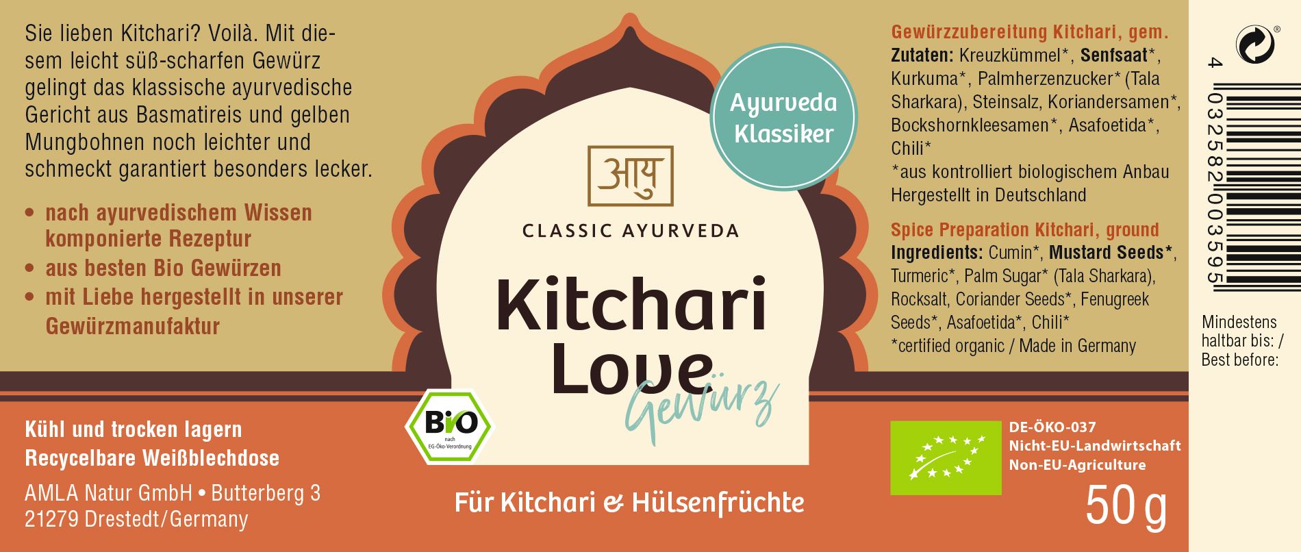 Etikett mit Text: Classic Ayurveda, Kitchari Love Gewürz. Bio-Siegel. Ayurveda Klassiker. Zutatenliste. 50g.