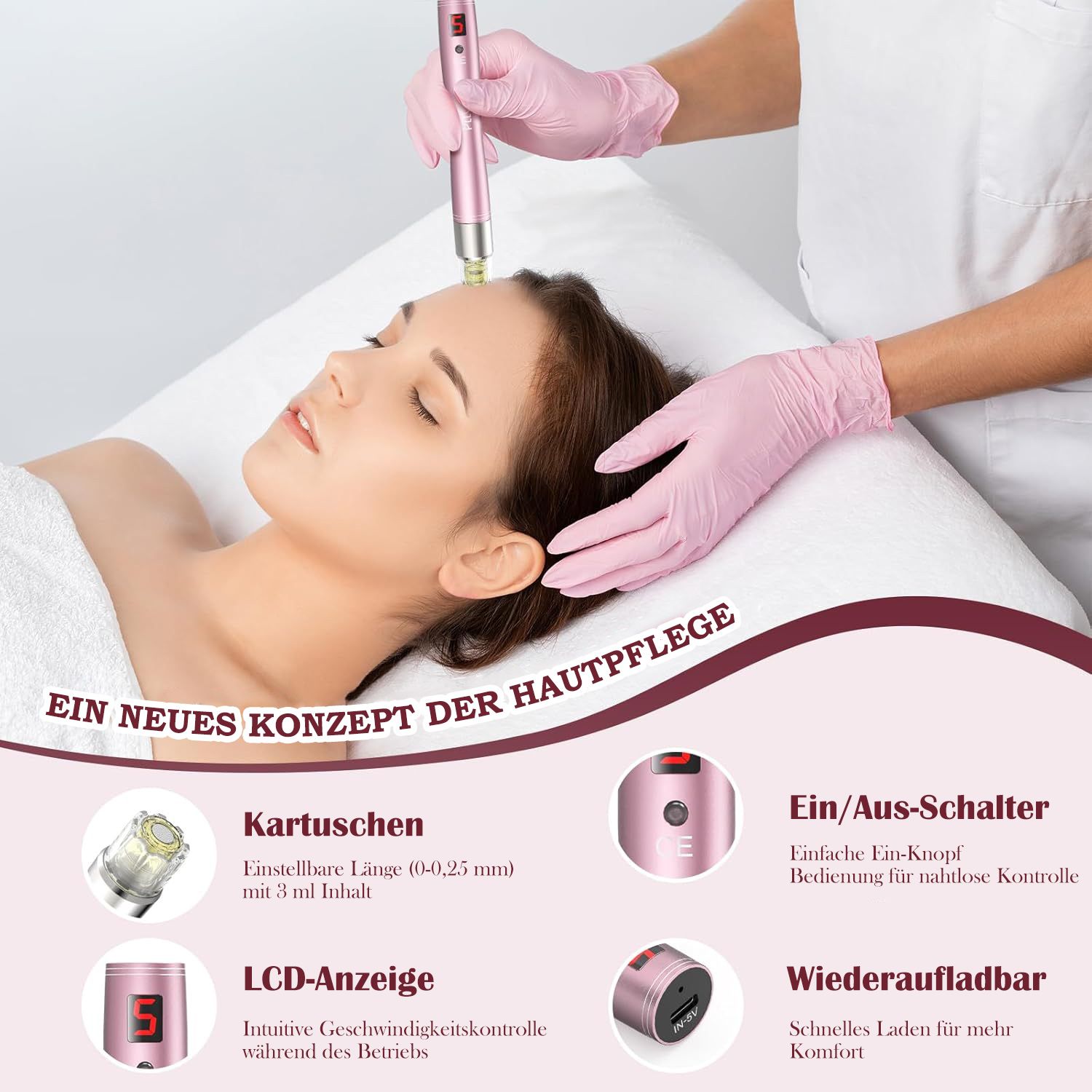 COOL-i Microneedling Pen mit Serum Auftrag ,kabellos, 5 Stufen & Patronen für Hautpflege A3