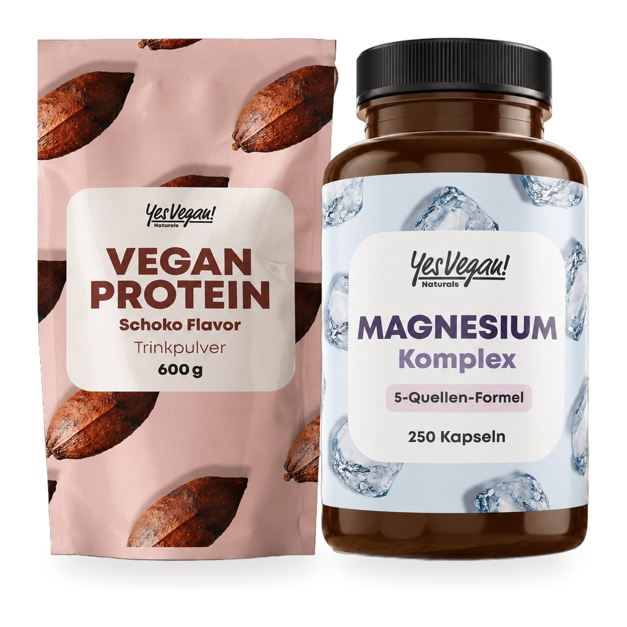 Eine Packung veganes Schoko-Proteinpulver (600g) und eine Flasche Magnesium Komplex (250 Kapseln).