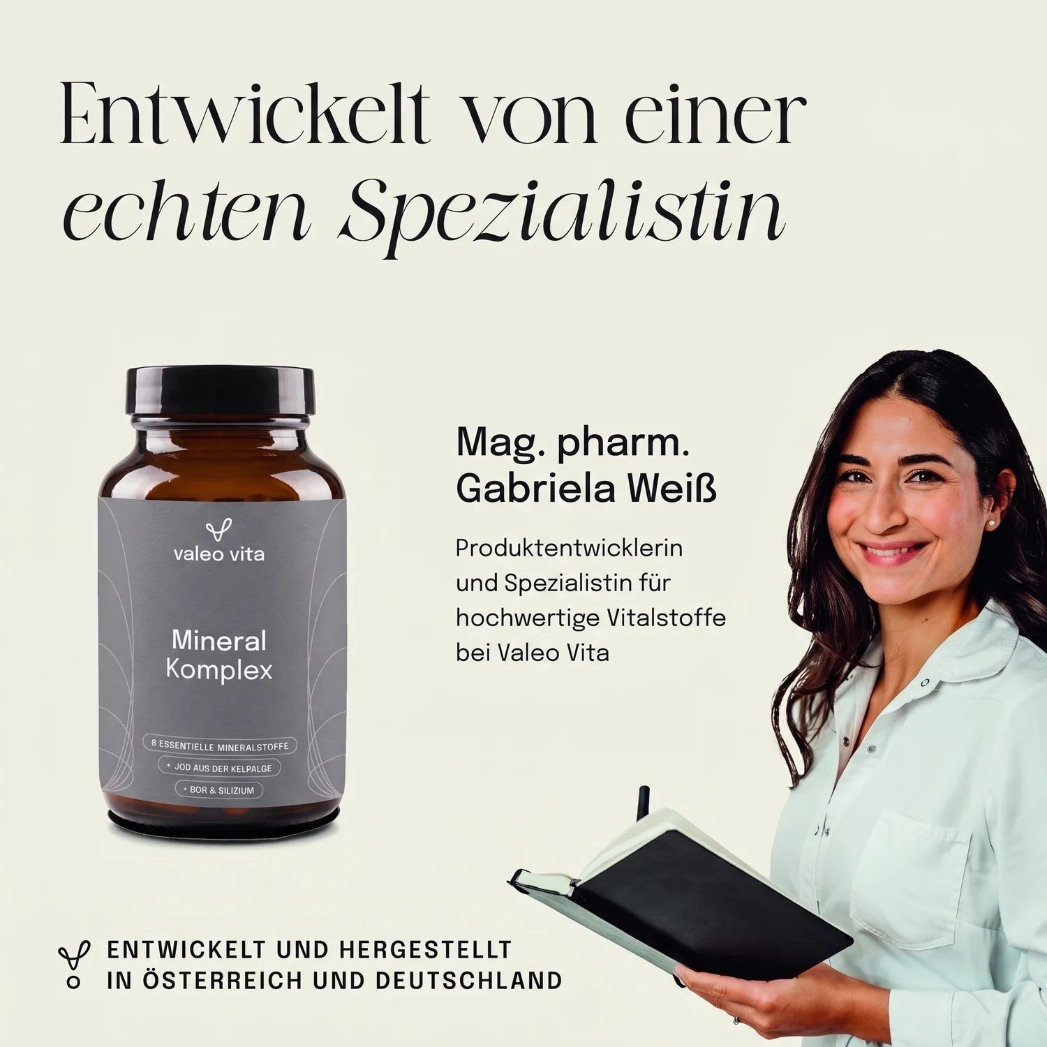 Braune Glasflasche mit Valeo Vita Mineral Komplex Etikett. Daneben eine Frau mit Notizbuch.