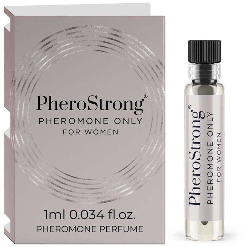 PheroStrong Pheromon-Parfüm für Frauen, 1ml. Enthält eine kleine Glasflasche mit Parfüm und eine Faltschachtel.