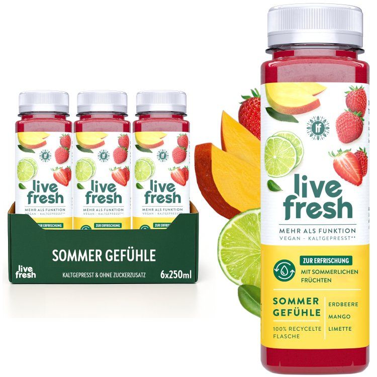 LiveFresh Sommer Gefühle. 6 Flaschen in Packung. Erdbeere, Mango, Limette. Text: Kaltgepresst & ohne Zuckerzusatz.