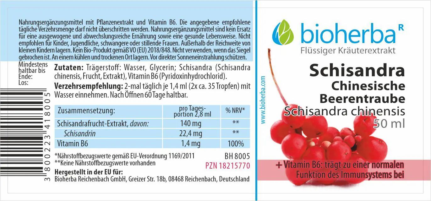 Etikett mit Produktnamen, Abbildung von roten Beeren, Text und Nährwertangaben. Grünes Logo.