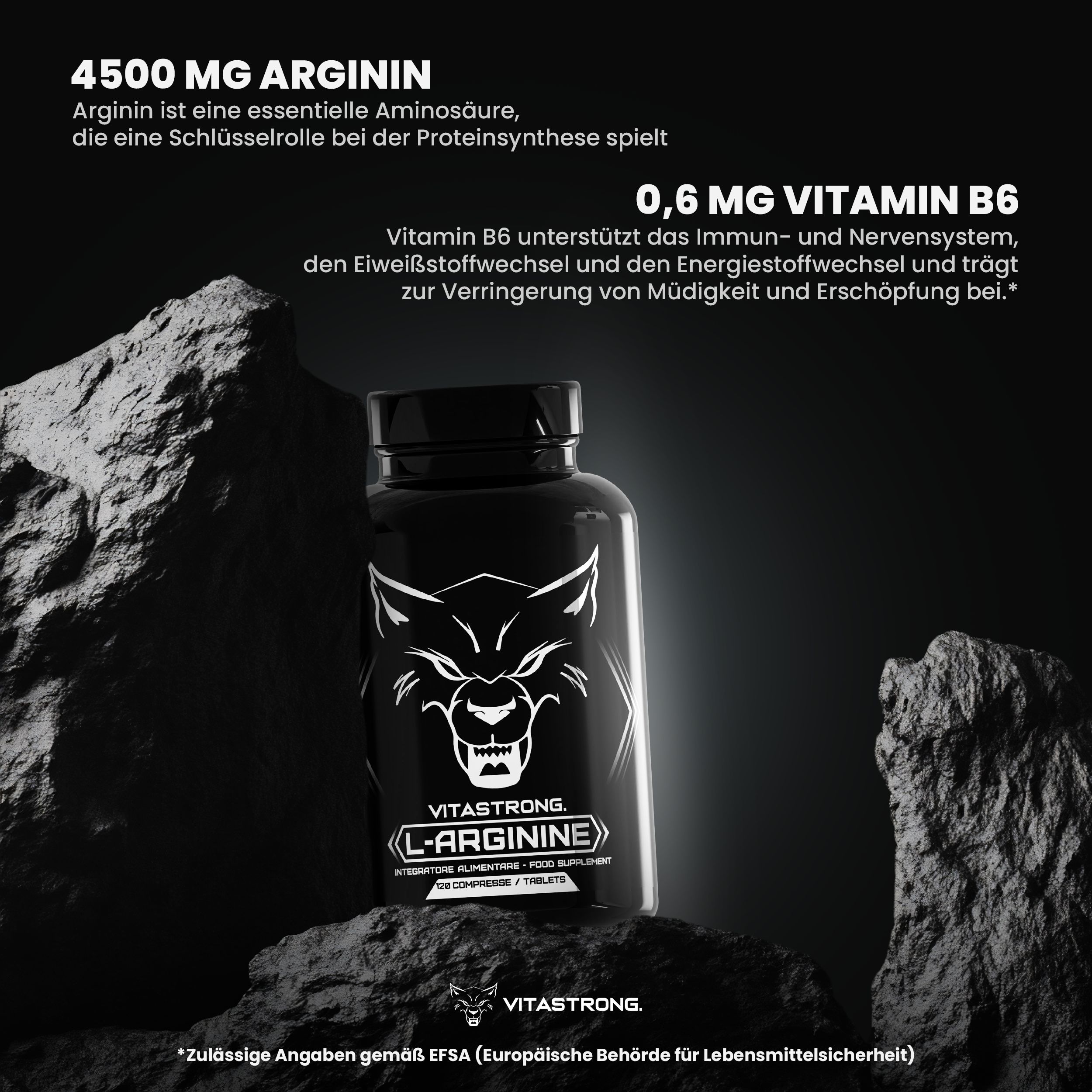 Schwarze Flasche Vitastrong L-Arginin. Text: 4500 mg Arginin, 0,6 mg Vitamin B6. Schwarzer Hintergrund.