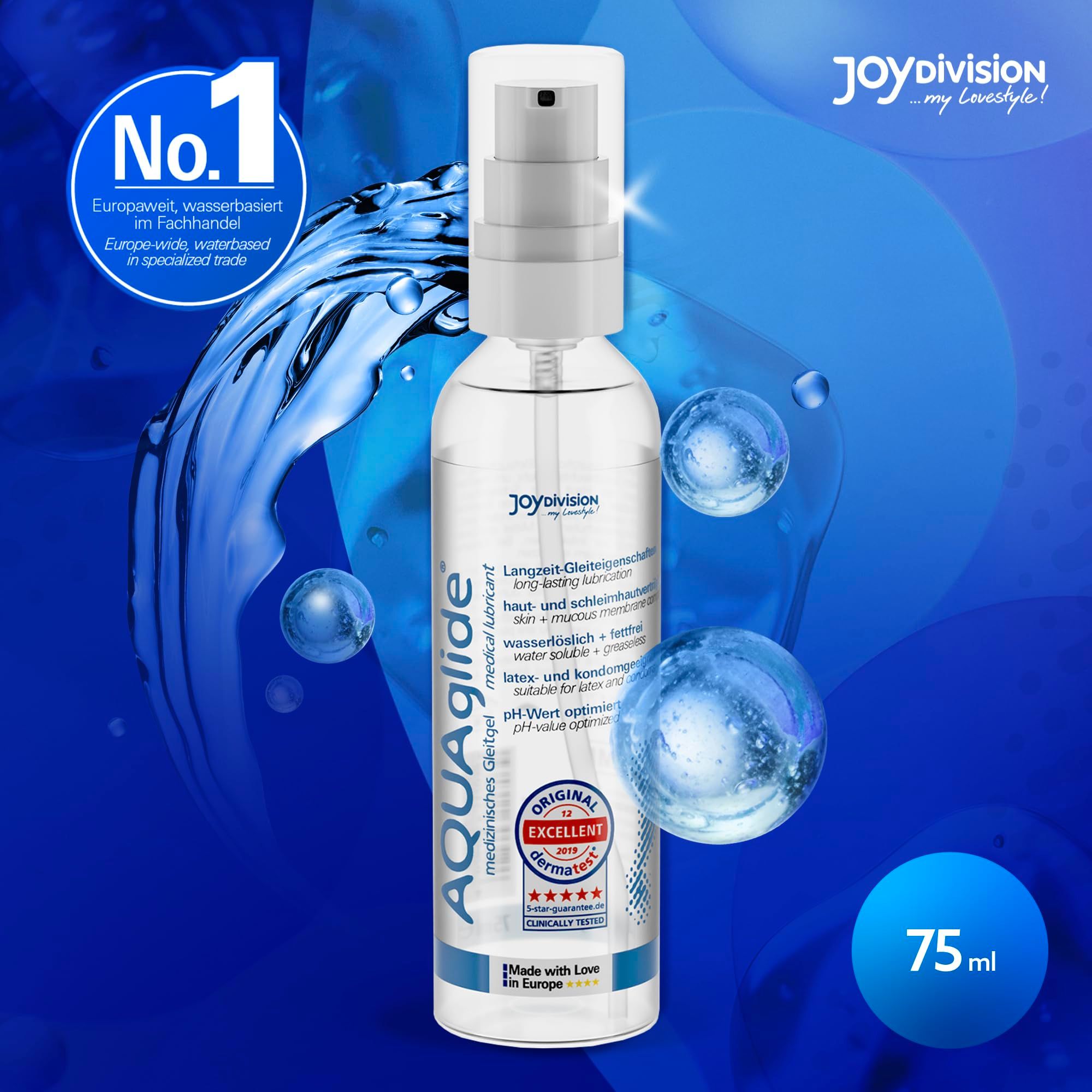 AquaGlide Gleitgel 75ml in klarer Flasche mit Pumpspender, umgeben von Wassertropfen.