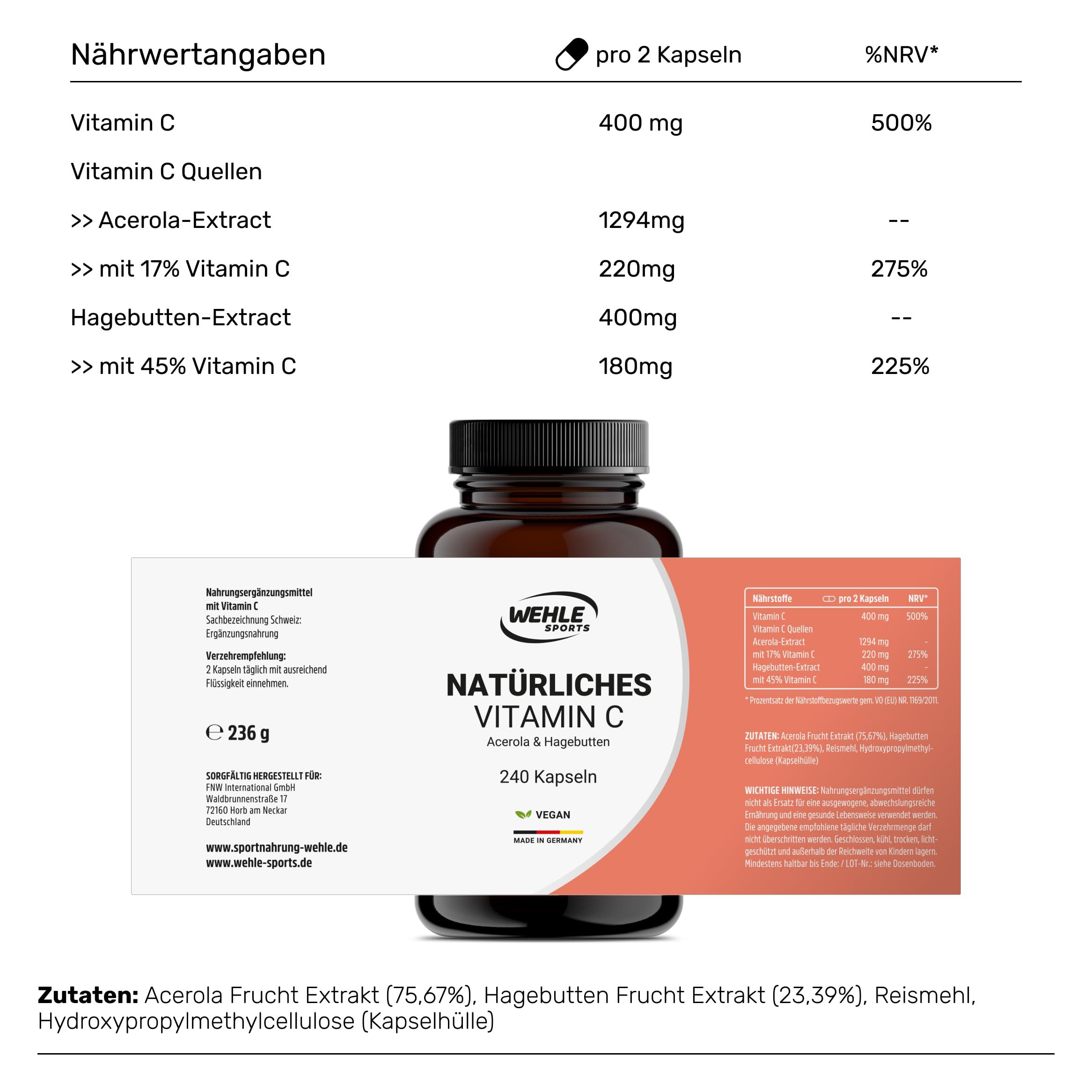 Braune Flasche mit schwarzen Deckel. Aufschrift: Wehle Sports, Natürliches Vitamin C, Acerola & Hagebutte, 240 Kapseln. Nährwertangaben.