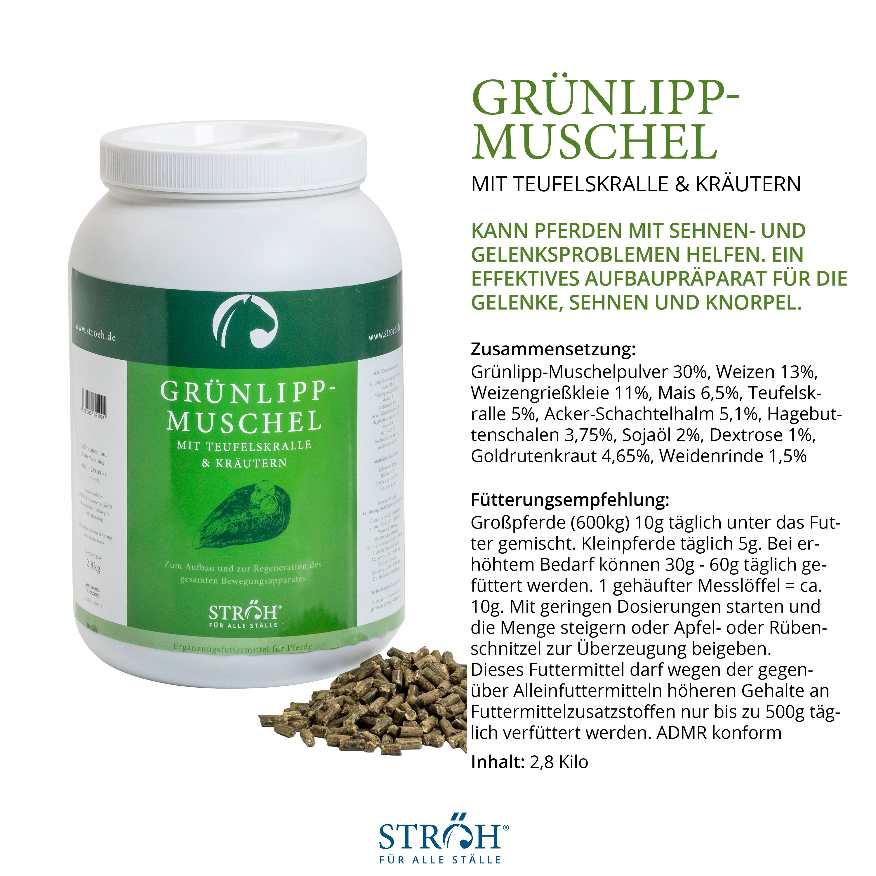 Weißes Behältnis mit grünem Etikett. Text: Grünlippmuschel mit Teufelskralle & Kräutern. Daneben Text und Pellets.